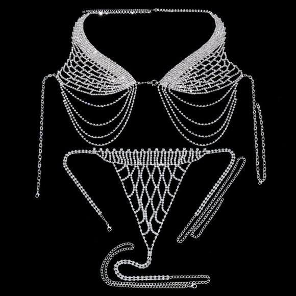 Tassel Underwear Rhinestone Bra Thong Lingerie Body Chain Bikini Body Jewelry - Picture 4 of 7